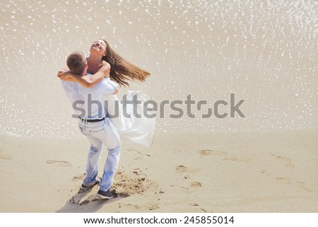 wedding couple just married near the beach at Hawaii with copy space for text