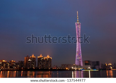 GUANGZHOU, CHINA - MAY 2. The Guangzhou Tower (600 m) on May. 2, 2013 in Guangzhou. It is a TV tower,The China\'s first tower. located at new city axis intersection