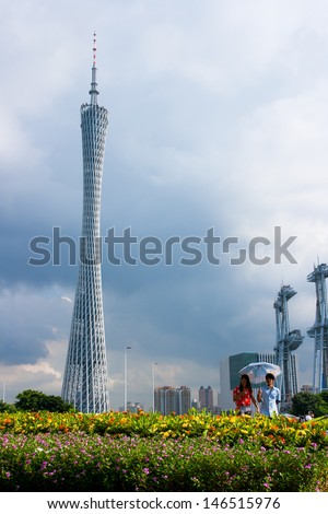 GUANGZHOU, CHINA - JUL 8. The Guangzhou Tower (600 m) on Jul. 8, 2013 in Guangzhou. It is a TV tower,The China's first tower. located at new city axis intersection