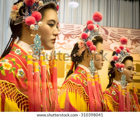 GUANGZHOU, CHINA - AUG 24: Ancient Chinese Characters waxwork on BaoMo Garden on Aug 24, 2015. Baomo Garden built in the late Qing Dynasty ,Show ancient landscape architecture and cultural.