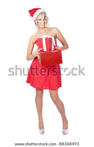 Picture of pretty christmas blonde girl in red dress and santa hat, smiling over white background