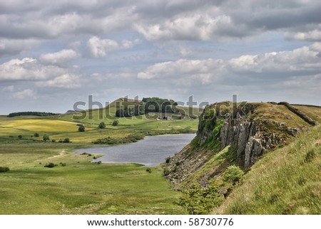 Looking along Hadrian\'s Wall with Crag Lough in the distance. Northumberland National Park