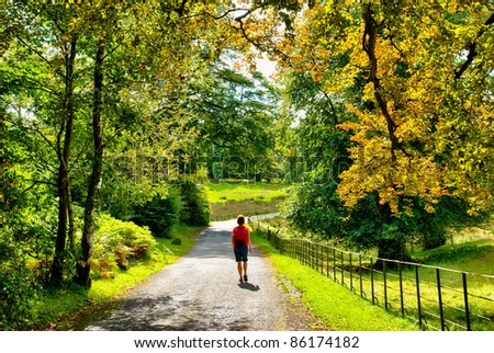 Female hiker walking through early Autumn woodland