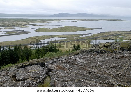 Iceland landscape with tectonic fault in between of European and American tectonic plates.