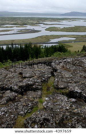 Iceland landscape with tectonic fault in between of European and American tectonic plates.