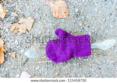 Lost and found. A purple mitten lying on the ground where a child dropped or misplaced it.