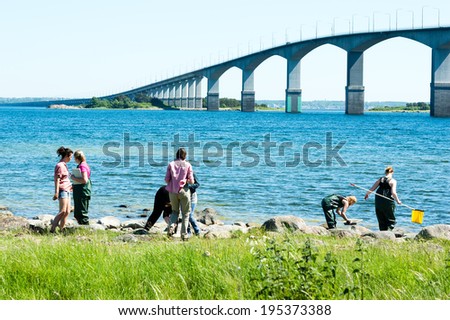 KALMAR, SWEDEN - MAY 26, 2014: Group of people in the water on ecology excursion. Bridge in background.