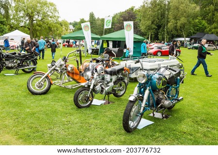 RONNEBY, SWEDEN - JUNE 28, 2014: Nostalgia Festival with classic cars and motorcycles as main attractions. Classic motorcycles on display.