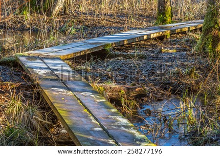 Footbridge on the ground to help walkers stay dry when crossing wet land. Bends of to the right passing some water.