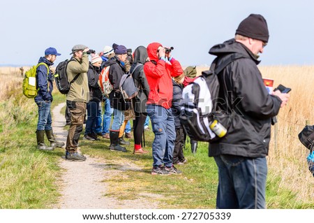 BEJERSHAMN, SWEDEN - APRIL 25, 2015: Birdwatchers looking after migratory birds in wetland as they arrive in early spring. Bejershamn is a protected wildlife reserve known for its birdlife.