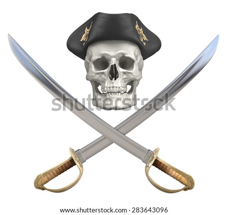 Pirate crossed sabers and skull with a tricorn. Clipping path included