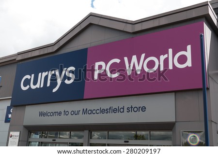 Macclesfield,UK - May 19th 2015: Currys and PC World shopfront with sign and logo