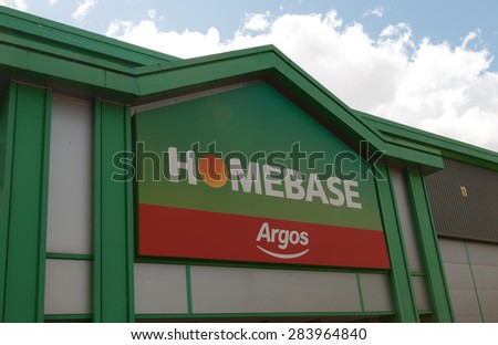 Macclesfield,UK - May 19th 2015: Homebase diy shop shopfront with sign and logo.  Also Argos sign