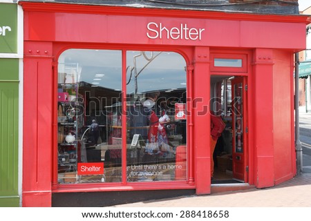 Macclesfield,UK - May 28th 2015: Charity shops are more popular than even on the high streets of English town.  Shelter which supports homeless people in the UK operates a chain of stores.