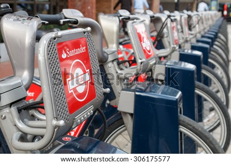 London,UK - August 7th 2015:Santander rental bikes for hire in London.  These cycles can be rented at a series of locations around the city and are often called Boris bikes after the Mayor of London.