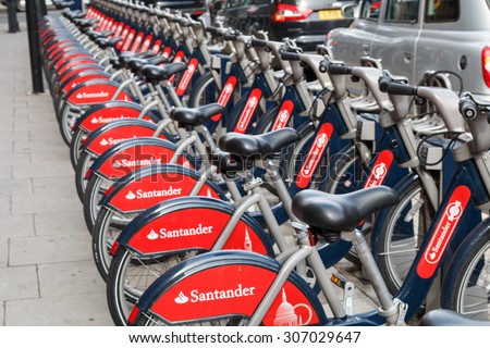 London,UK - August 7th 2015:Santander rental bikes for hire in London.  These cycles can be rented at a series of locations around the city and are ofter call Boris bikes after the Mayor of London.