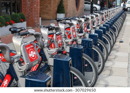 London,UK - August 7th 2015:Santander rental bikes for hire in London.  These cycles can be rented at a series of locations around the city and are ofter call Boris bikes after the Mayor of London.