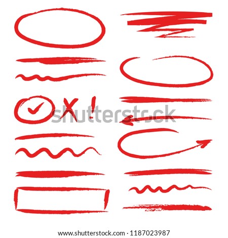 Marker red highlighters. Hand drawn brush ink scribble forms frames arrows and dividers oval circles lines vector colored sketches