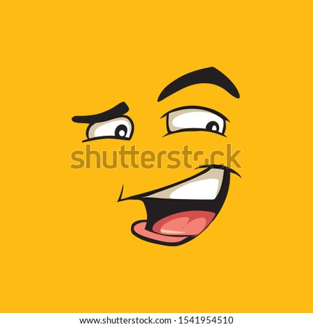 Funny avatar, cunning emoji flat vector illustration. Comic yellow social media sticker. Humorous cartoon face with smiling mouth and raised eyebrow. Devious emoticon, deceitful facial expression