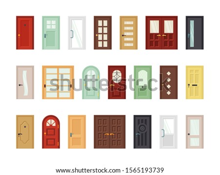 Detailed front doors flat vector icons set. Room, office doorway. Cartoon closed contemporary doors isolated on white background collection. Color house entrances modern design. Exterior elements