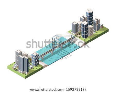 Bridge connecting two city parts isometric vector illustration. Transportation infrastructure. Highway suspension bridge across river bay. Urban landscape. Megapolis scenery in 3D style