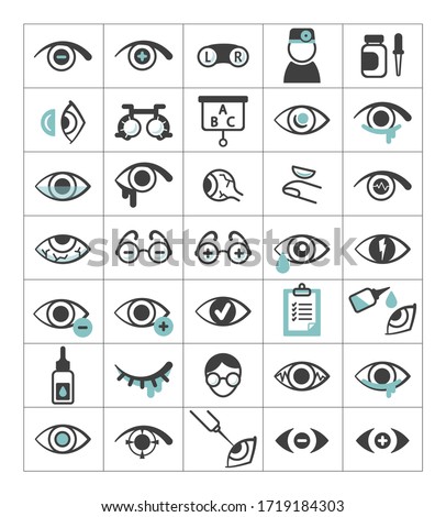 Ophthalmic set icons. Eyes with impaired vision, optical selection glasses, plus, minus, optometric surgery, inflammation, pus of eyeball, laser correction, drops and instructions. Vector graphics.