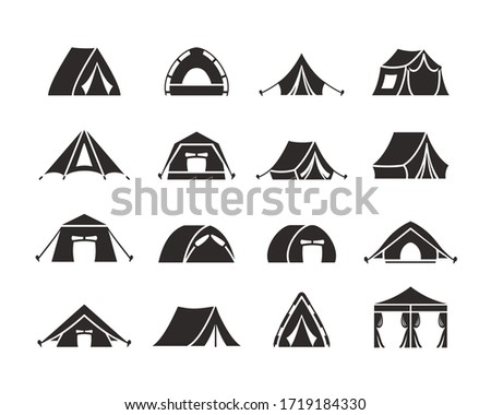 Camping tent silhouette set. Tourist tent with a canopy, reinforced with a rope with a peg, the shape of a nylon hemisphere dome, monochrome, a symbol of open travel and relaxation. Vector graphics.