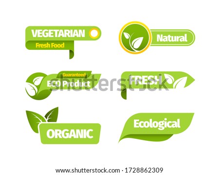 Organic vegetarian banner set. Natural organic vegetarian design green leaf sticker fresh bio farm label vegan natural market restaurant healthy eco product. Vector template graphics.