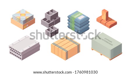 Construction materials building isometric set. Box with tiles large concrete blocks gray cinder block packaging cement bags wooden board red brick gypsum plasterboard container. Cartoon vector style