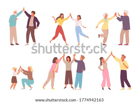 Characters give five to each other set. People clap their hands gesture of cheerful successful team meeting friendly partnership happy childrens game. Vector collaboration.
