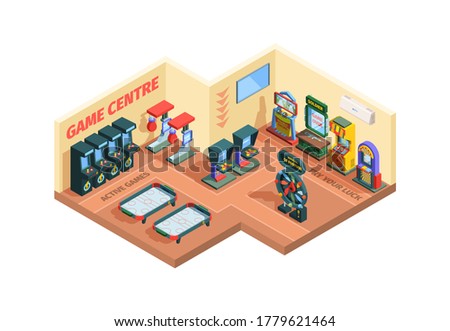 Game center isometric illustration. Room with slot machines and simulators an inside view electronic entertainment design trainers of digital sports excitement. Vector technology.
