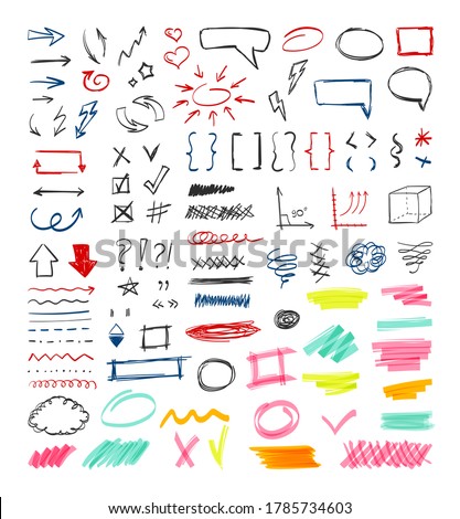 Handdrawn colored pen marker design sketch elements set. Curved direct arrows geometric figures lightning braces curly underlines conversational frames abstract swirl patterns. Color vector doodle.