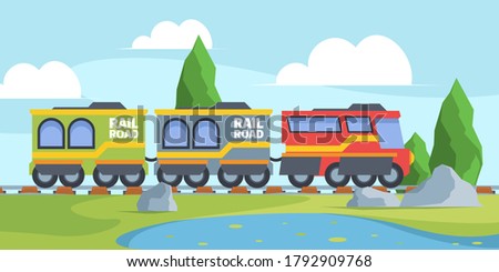 Toy train on railroad illustration. Fun journey through picturesque meadow with lake and trees colored locomotive moves to stop interesting entertainment for children. Vector colorful.