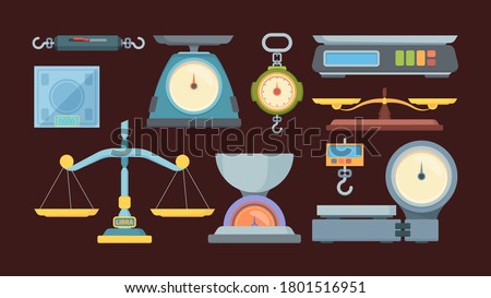 Weigher large set. Manual for street food markets accurate electronic scales large sized with dial for warehouse and wholesale lots kitchen measuring scales products floor scales. Flat vector art.