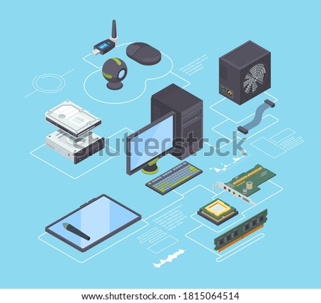 Computer parts and connection diagram isometric. Central processor controls PC network audio strips connected power supply unit with adapter cable connection case control gadgets USB. Vector clipart.
