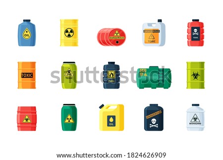 Containers toxic and chemical substances set. Dangerous iron containers with radioactive waste storage of nuclear components large gas tanks with flammable substances. Vector biohazard.