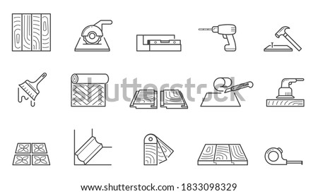 Home repair icons set. Wallpapering and installing laminate flooring polishing wooden floors laying tiles sawing tiles size and laying skirting boards nailing planks and false ceilings. Vector icon. Foto d'archivio © 