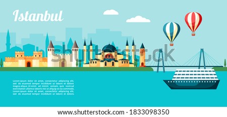 Excursion to Istanbul illustration. Colorful seaport with inbound cruise ship ancient turkish landmarks eastern city with great temple and ancient fortresses minarets. Cartoon color vector.