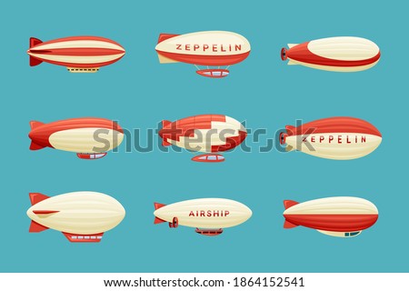 Airships set. Retro zeppelin with red white stripes cabins for passengers elongated huge balloons with helium for free travel.