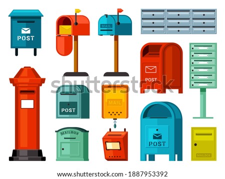 Retro and modern mailboxes set. Blue street boxes with legs red container for paper correspondence green for receiving and sending letters numerous metal closed sections individual. Cartoon vector.