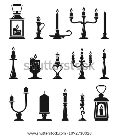 Candlesticks and old lamps silhouette set. Hand lanterns with candle black twisted wax holders elegant victorian retro style decorative bronze and decorations traditional lighting. Vector catoon.