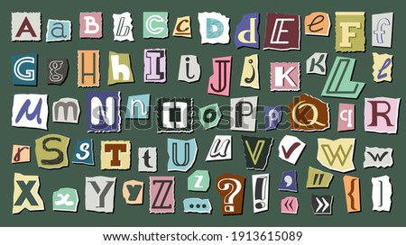 Journal cut letters and symbols set. Colorful alphabet selected from newspaper clippings with capital letters anonymous art typing from scrap letters. Vector typographic communication. Foto d'archivio © 