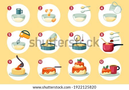 Step by step preparation birthday cake set. Sifting flour creating dough and adding eggs and milk beat yellow crust mass with mixer and bake in oven mix orange glaze. Cartoon sweet vector.
