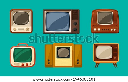 First retro televisions set. Vintage tube brown gadgets with small screen old compact equipment with analogue signal reception through antenna red built in radio and massive speakers. Vector classic.