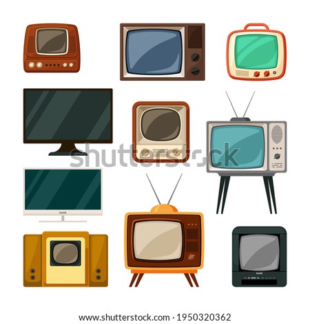 Modern and tube retro televisions set. Plasma smart gadgets and vintage brown tv with small screen old compact signal reception through antenna red built in radio and wood speakers. Vector watch.