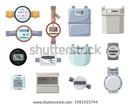 Industrial and household meters set. Equipment with software filling electronic indicators retro mechanical gas and water.