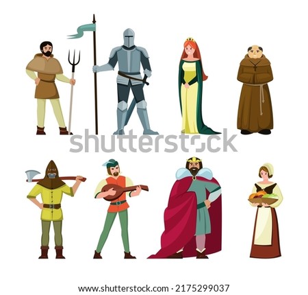 medieval persons. fairytale people peasant bard singer queen executioner punisher king knight male and female persons. Vector pictures of medieval characters