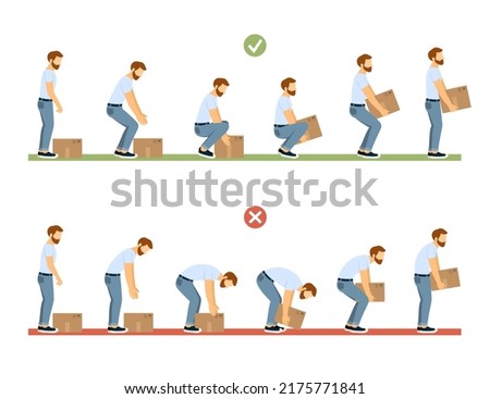lifting technique. safety moving and load heavy objects body ergonomic positions. Vector cartoon infographic templates Foto stock © 