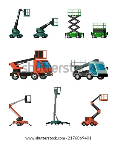 lifting cars. telescopic industrial lifting platforms on cars hydraulic machines. Vector cartoon set