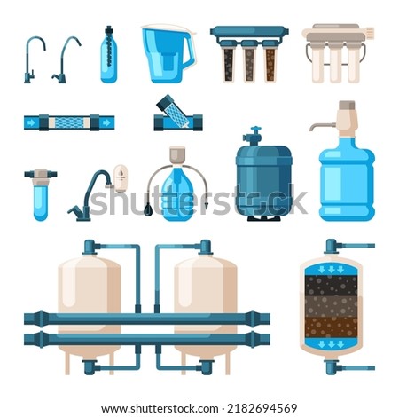 water filters. accessory for cleaning liquids purification processes waste treatment. vector containers in flat style